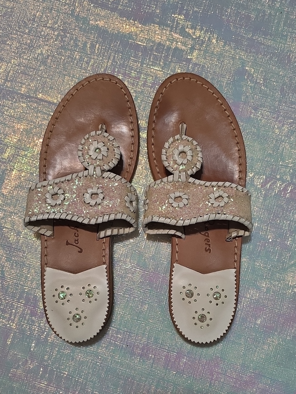 Jack Rogers Tan Leather Sandal Slides with Sparkle and White Accents